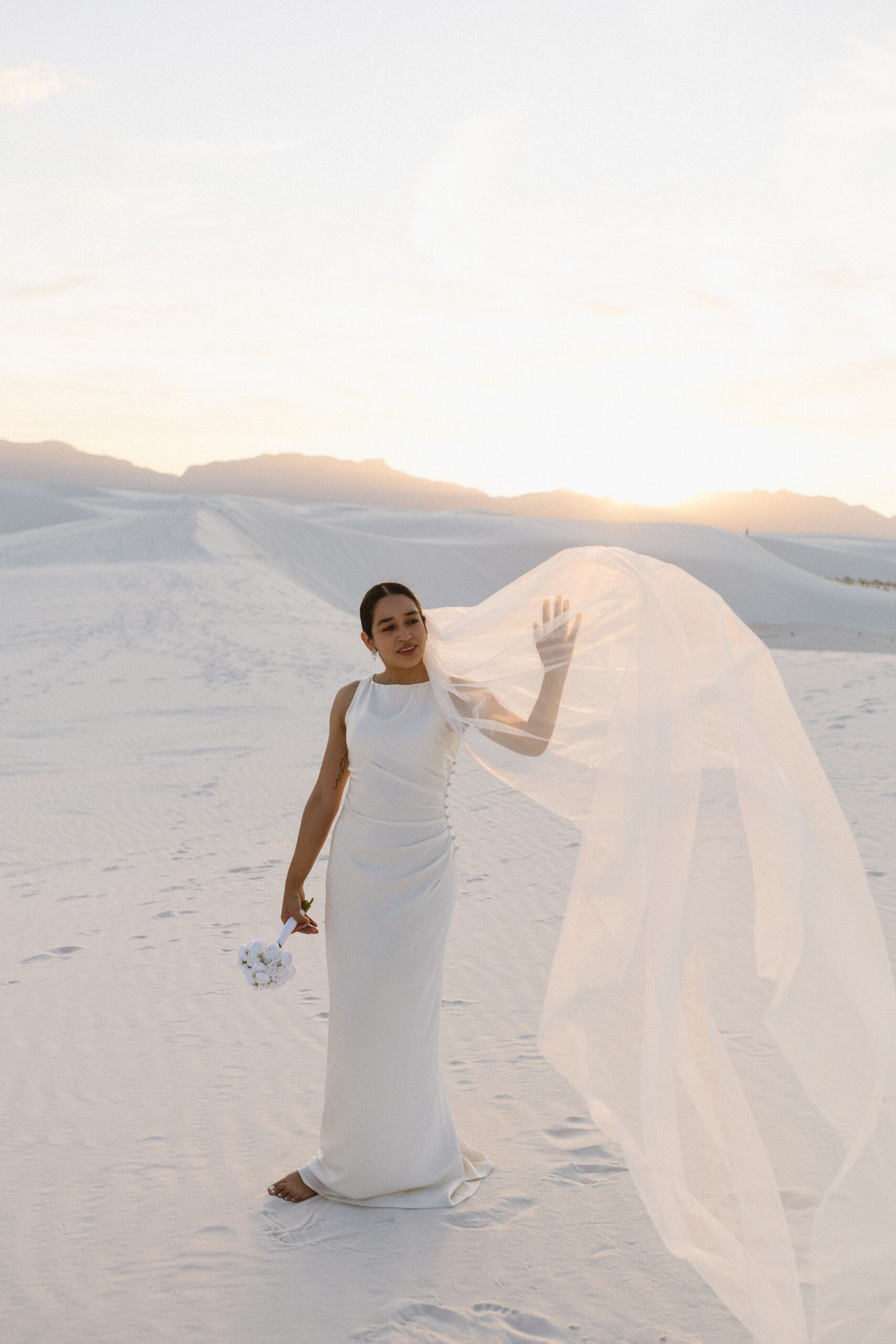 beautiful bride poses in the desert