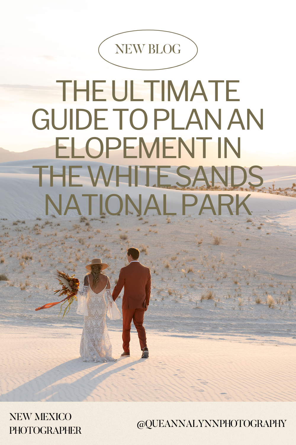 stunning bride and groom pose together with the dunes in background after their dreamy White Sands elopement day