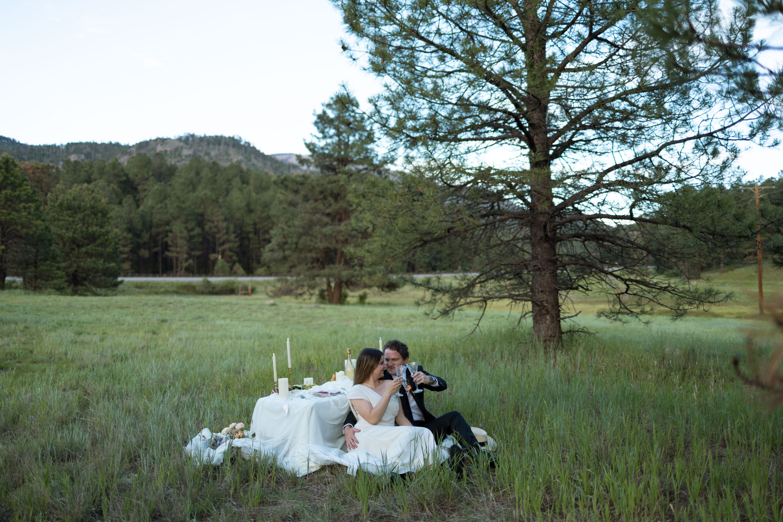 bride and groom pose together in the New Mexico nature